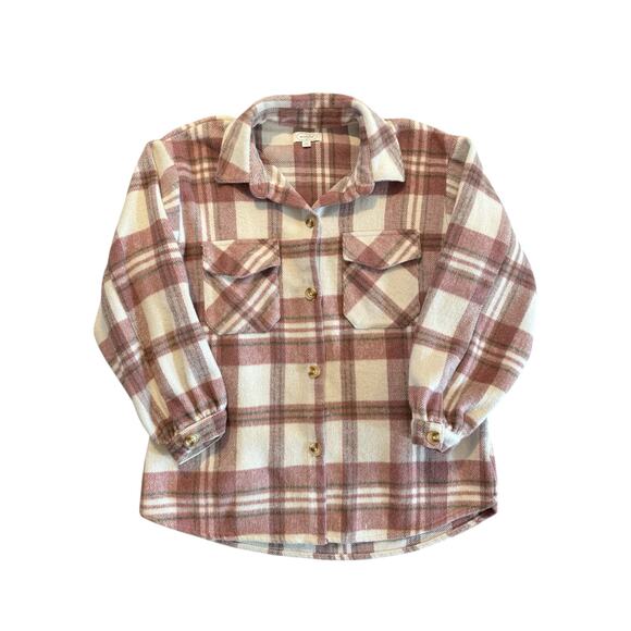 Mud Pie Women’s Medium Highland Plaid Shacket Jacket Button Up Shirt Pink Cream - Picture 5 of 10